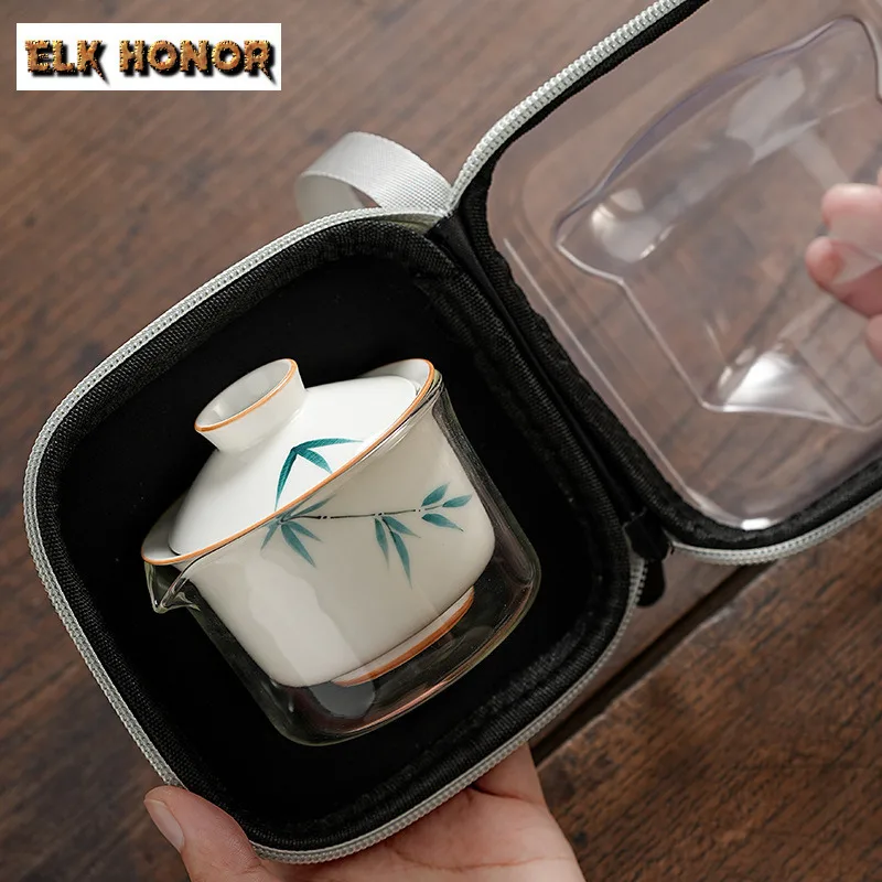 Hand Drawn Bamboo Shadow Ceramic Cover Bowl Portable Travel Tea Set Kit Boutique 1 Bowl 2 Cups Tea Maker Handbag Ornaments Gifts