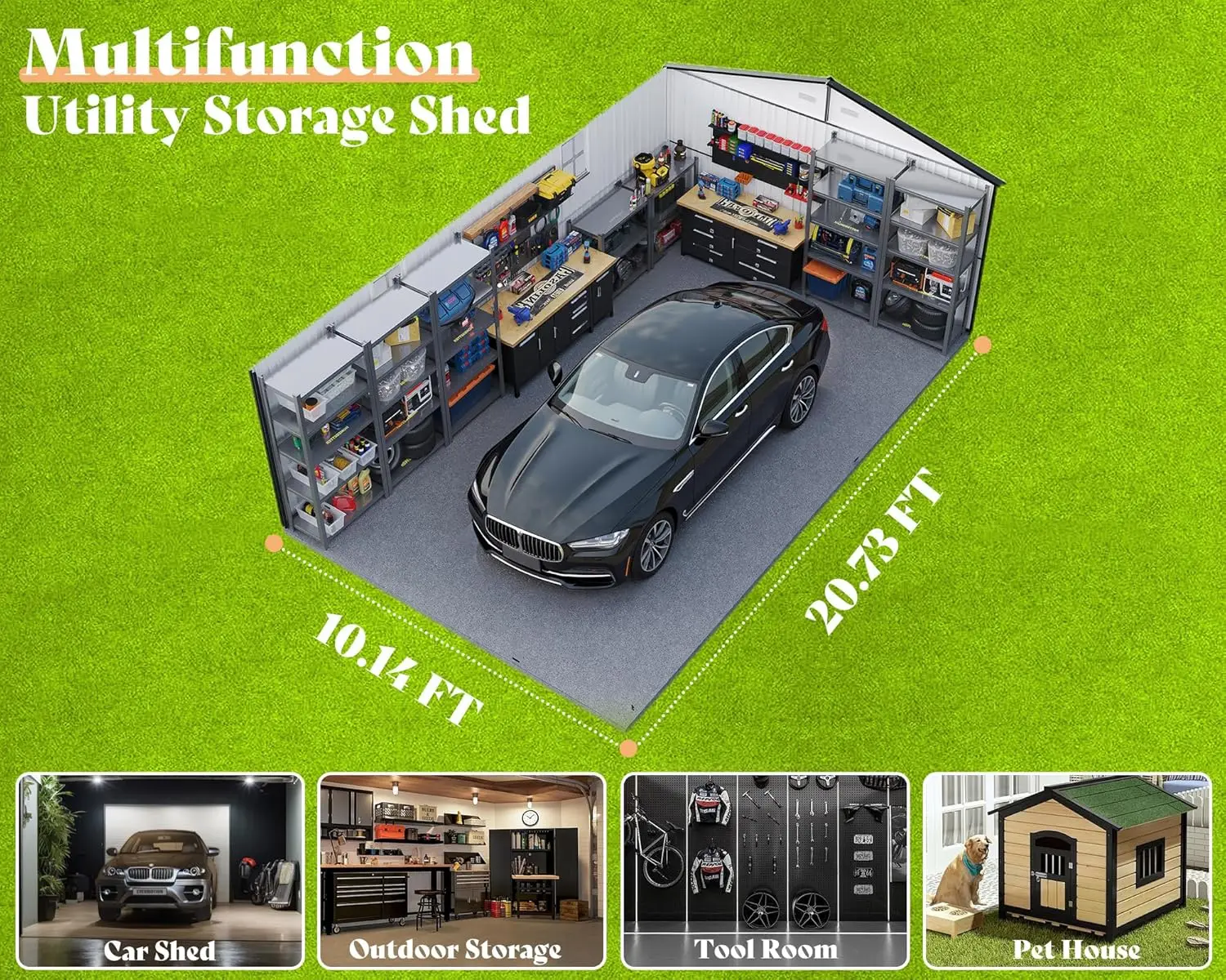 سقيفة جراج معدنية خارجية مقاس 10 × 21 × 7.3 قدم، سقيفة تخزين كبيرة جدًا مع أبواب بمفصلات مزدوجة و4 نوافذ، مرآب للسيارة، متوسطة الحجم #5