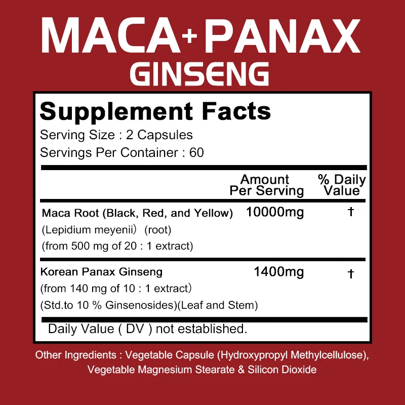 Maca + Ginseng - Increases Energy and Muscle Growth, Improves Endurance and Fights Fatigue, and Promotes Good, Restful Sleep