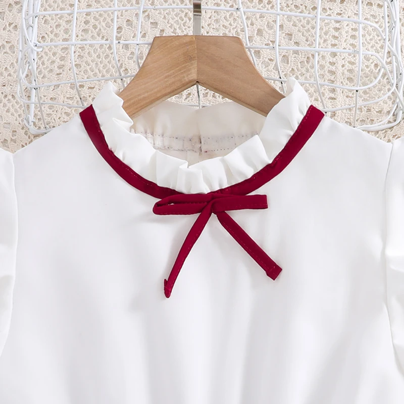 Girl Summer New White Red Or Khaki Bowknot Splice Ruffled Dress + Belt Preppy Style Outifits Casual