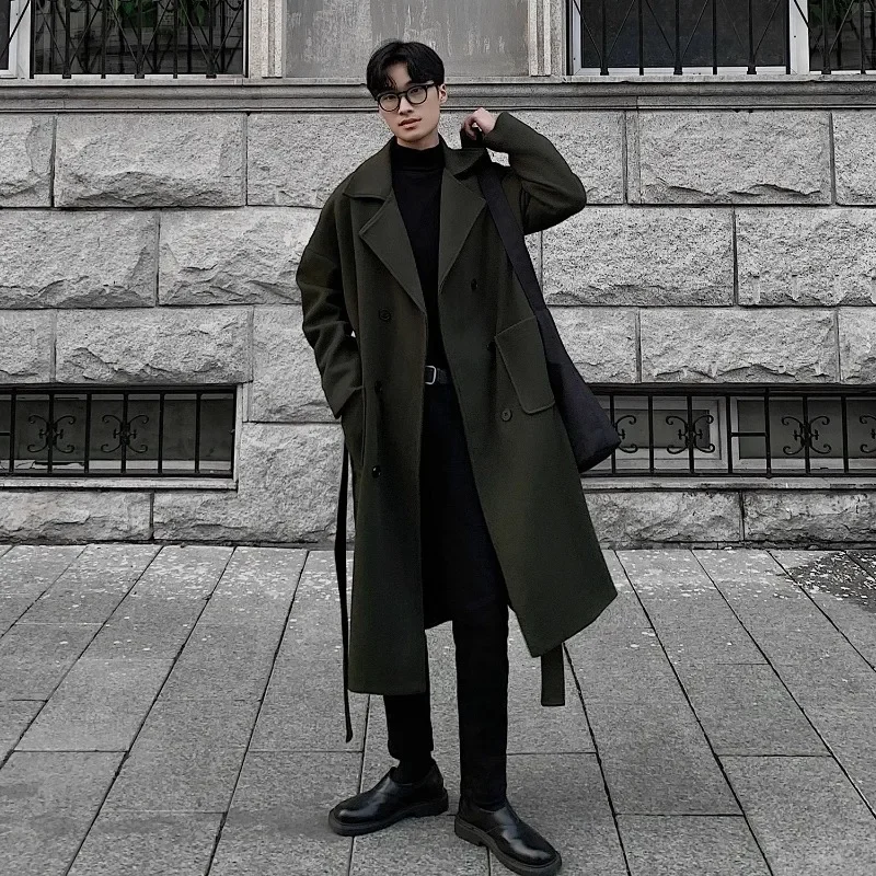 Woolen Coat Men's Autumn and Winter Thick Mid To Long Over The Knee Trench Coat Loose Trendy Retro Woolen Coats