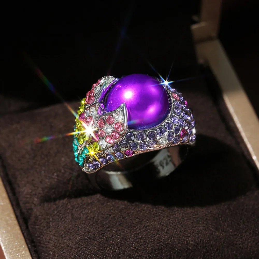 Retro Exaggerated Fully Inlay Colorful 5A Zircon Petal-shaped Ring for Women Luxury Temperament Finger Jewelry Accessories Gifts