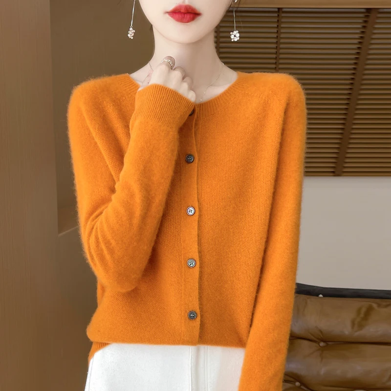 100% cardigan de cuello redondo de lana australiana chaqueta térmica de punto sólido para mujeres suéter sin costura de manga larga casual relajado en otoño e invierno