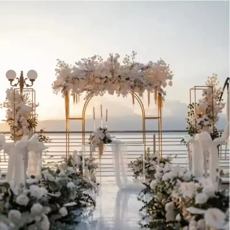 Eleganter Metall-Hochzeitsbogen, vergoldeter Goldrahmen für Bühnendekoration im Freien, Blumenständer, Party-Hintergrund – Detail 5