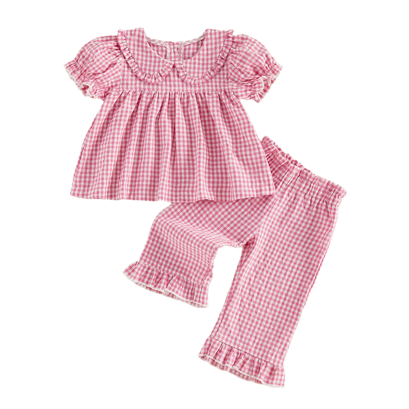 Little Girls 2PCS Pants Sets Short Puff Sleeve Doll Collar Plaid Tops Pants Summer Outfits