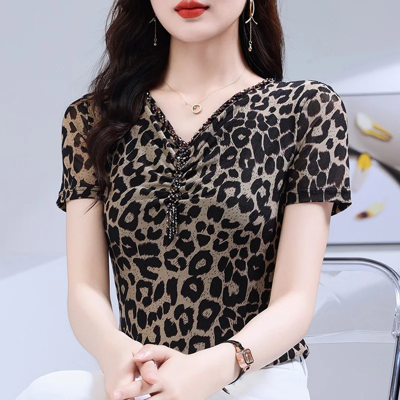V-Neck Studded Bead T-Shirt, Western Gauze Women\'s Tops Summer Short Sleeved Solid Color Mesh Clothes