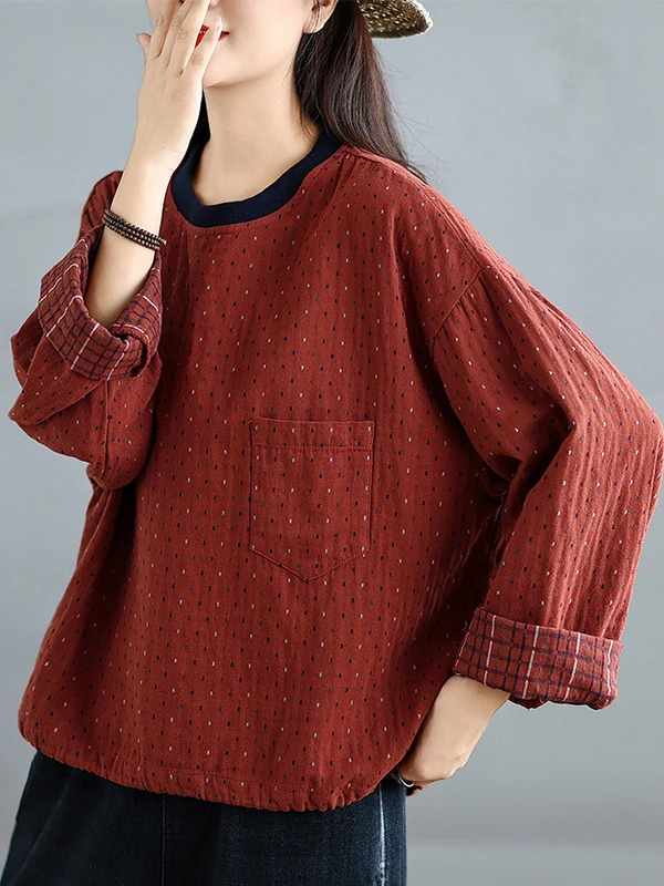 

Ретро цветная тканая точечная круглая толстовка в горошек, женская весенне-осенняя хлопковая двухслойная футболка больших размеров