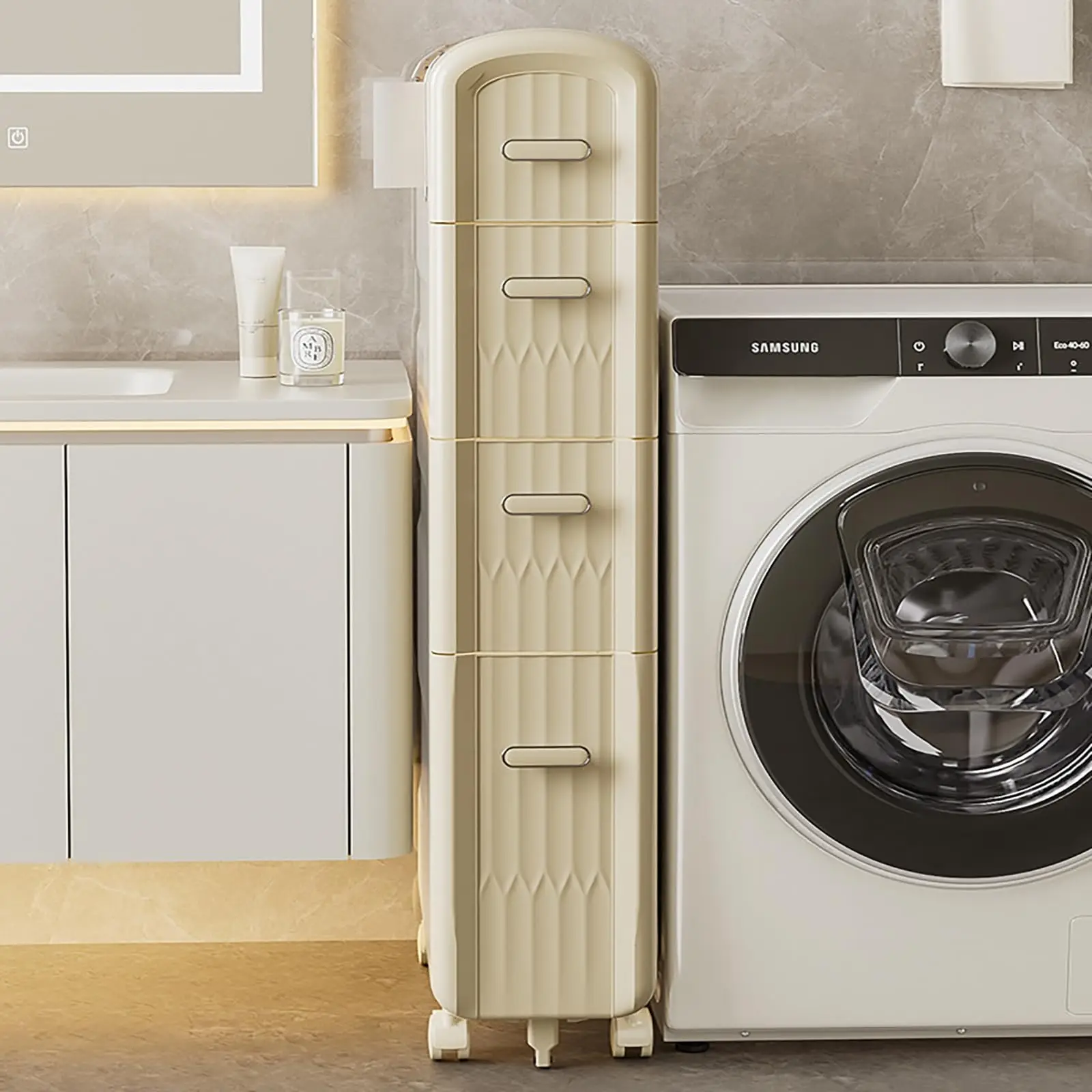 Bathroom Slim Storage Cabinet, 4-Tiers Narrow Organizer with Casters and Drawers Toilet Paper Holder Rolling Utility Cart for Sm