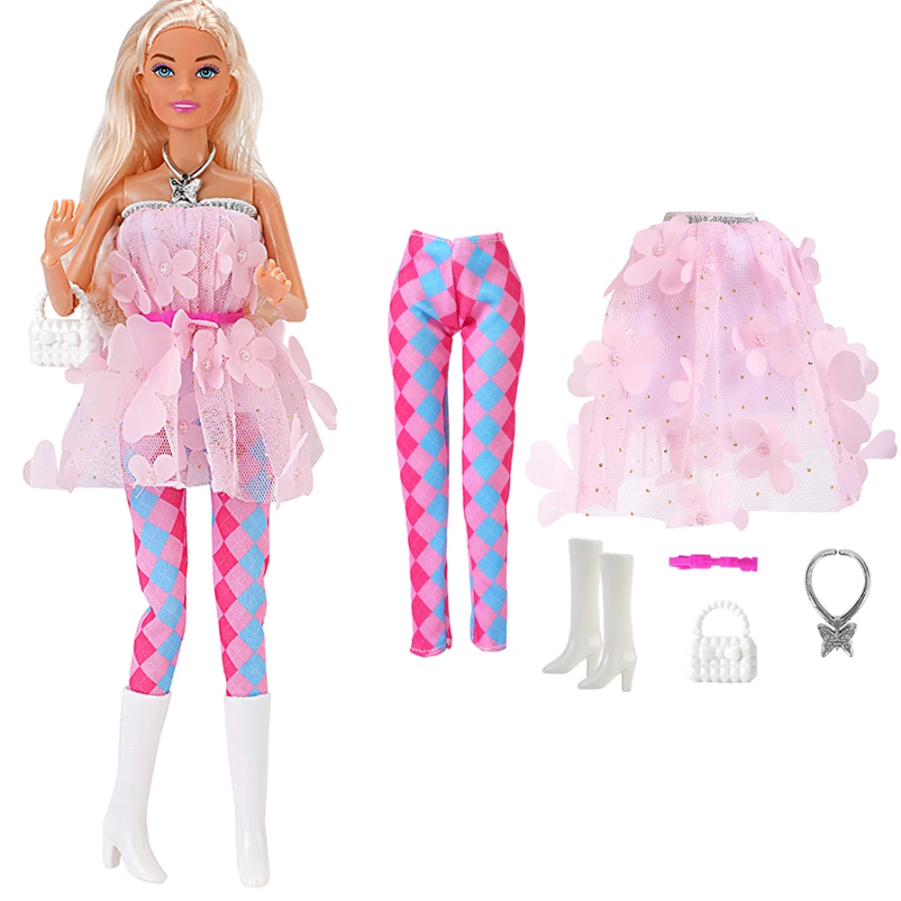 

NK Princess Fashion Doll Clothes Pink Lace Dress Pants+Necklace+Belt+Bag+Shoes 11.5 inch Doll Clothes 1/6 Doll Accessories Gift