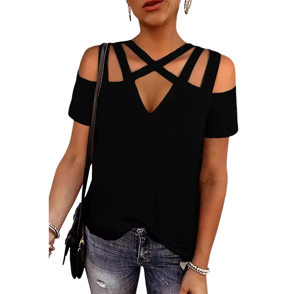 Shiying Strappy Cross Short-sleeved Blouse Women\'s Black Slim Slimming Design T-shirt Shows Body Hot Girl