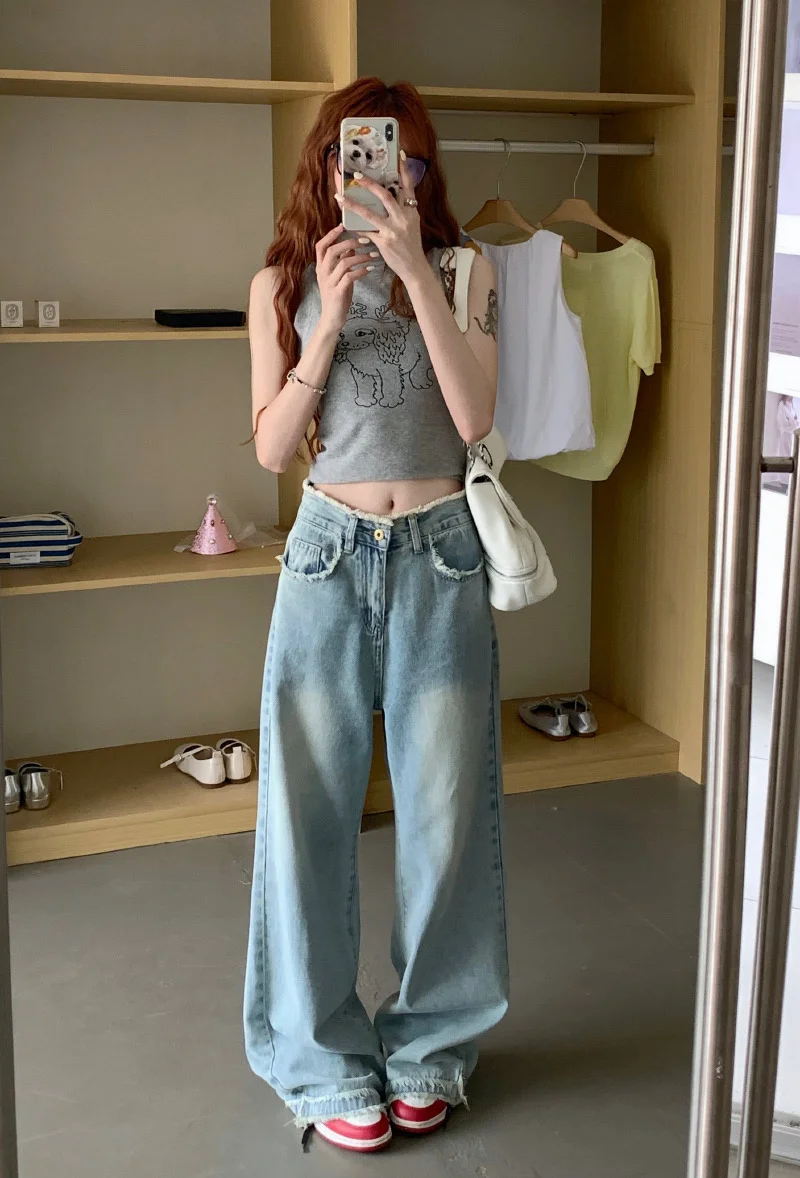 Washed Blue Ragged Edge Jeans For Women's Autumn 2023 New High Waist Floor Sweeping Wide Leg Pants Straight Leg Pants