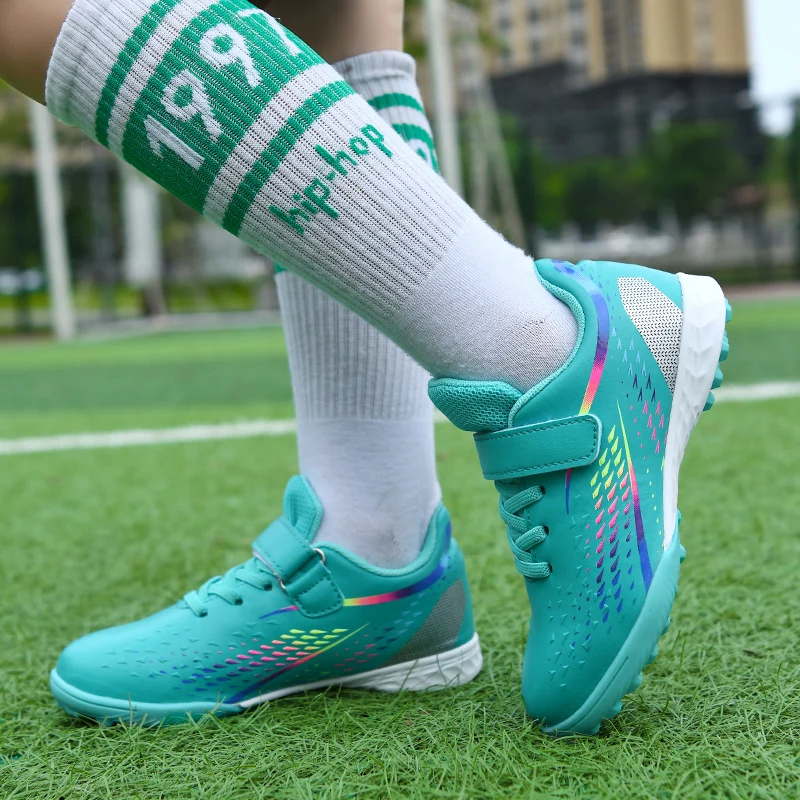 TF Soccer Shoes For Children Outdoor Leather Boys Sports Shoes Football HOOK&LOOP Futsal Sneakers For Girls White Kids Trainers