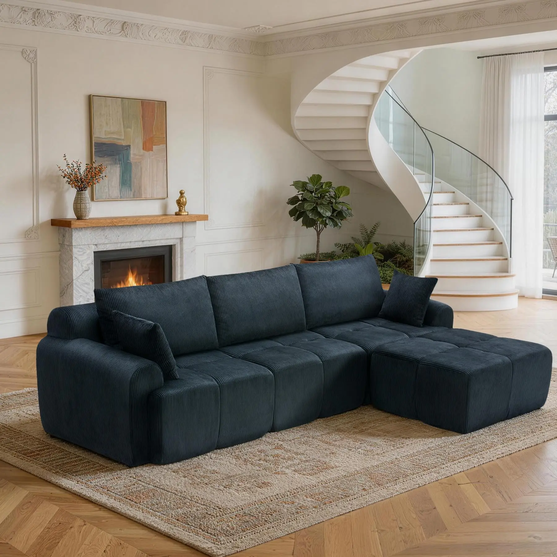 118'' Corduroy Modular Sofa, Deep Seat Compression Couch With Memory Foam, No Assembly Sectional For Living Room