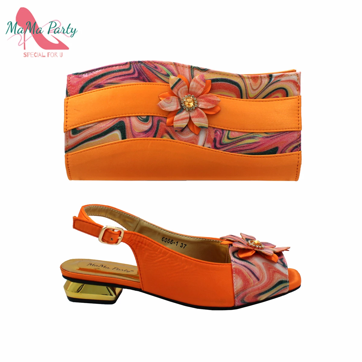 New Arrival Fashion Style Italian Design Orange Color Ladies Shoes and Bags Set Decorated with Flower for Evening Party