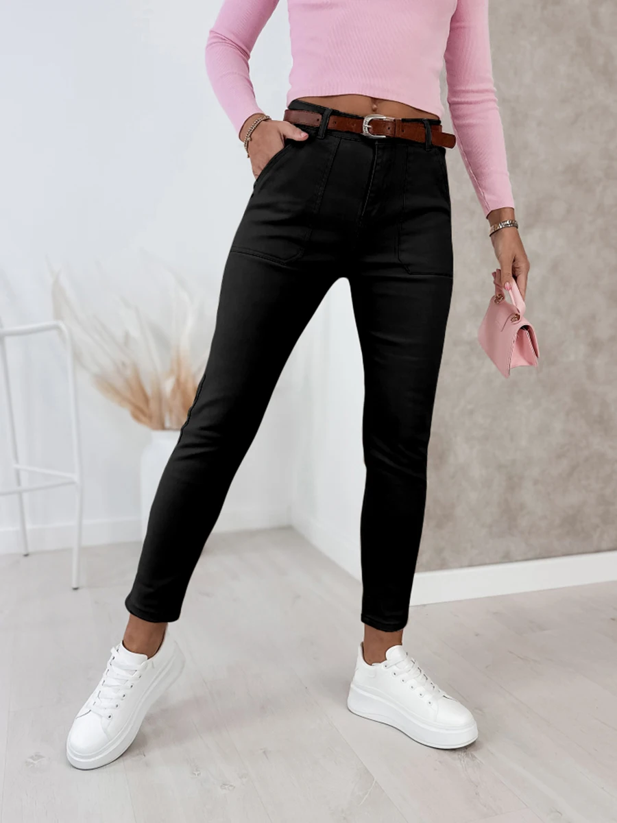 Damen High-Waist Schwarze Hose, Lässige Schmale Skinny Bleistifthose, Modische Stretch-Hose mit Taschen, Streetwear für Frühling und Herbst, Damen-Unterhose – Detail 4