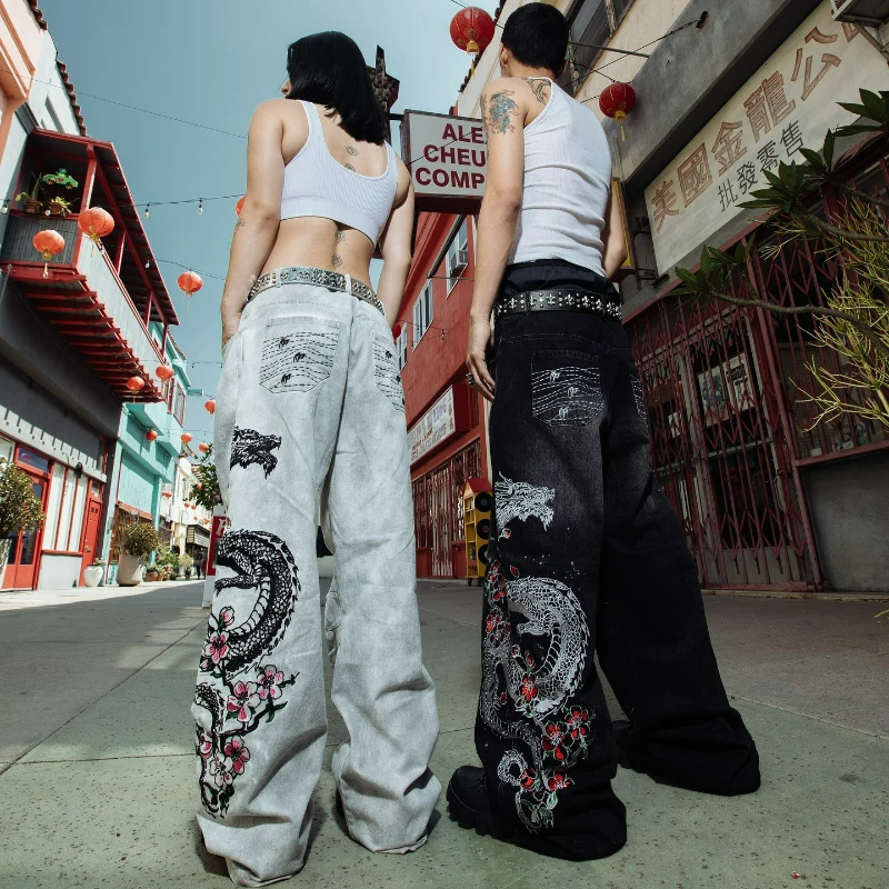 

Y2k Baggy Wide Leg Jeans Dragon Ball Flowers Embroidery Men Women Straight Pants Goth Retro Hip Hop Rock Streetwear Baggy Jeans