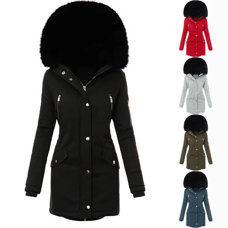 

Women's Winter Jacket Coat Warm Long padding S-3XL Add Velvet Thick Fur Collar Hooded Parkas Cotton Jackets Woman Clothing Coat