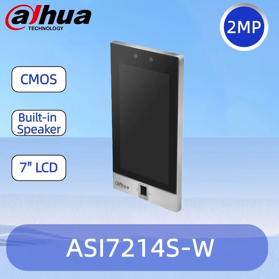 Samodzielny system kontroli dostępu Dahua ASI7214S-W z rozpoznawaniem twarzy, czytnikiem kart, hasłem, czytnikiem linii papilarnych i kontrolerem bezpieczeństwa.