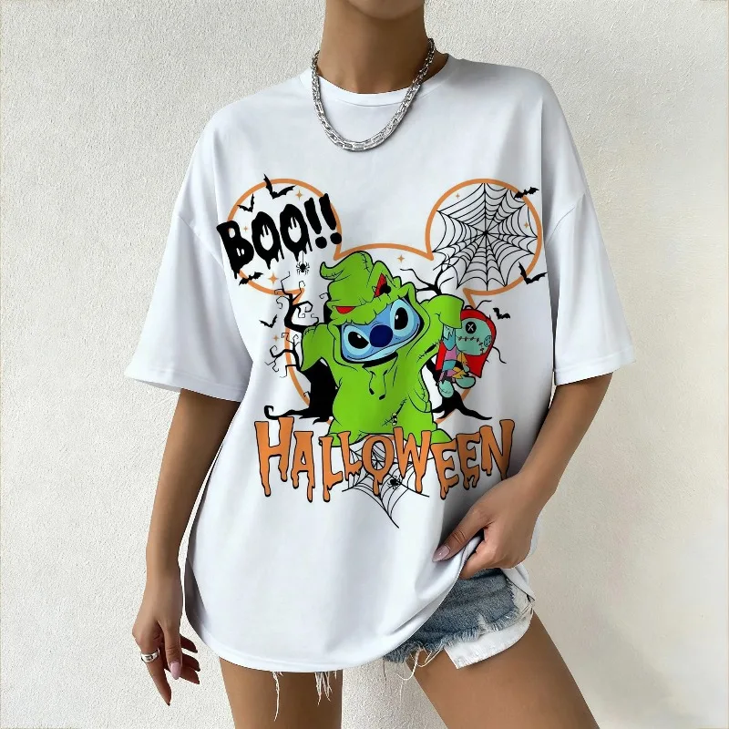 여성용 디즈니 스티치 할로윈 그래픽 티셔츠, 미국 트렌디 스트리트웨어, 무서운 '부!' 소리 포함 여름 패션 탑 Y2k 프린트