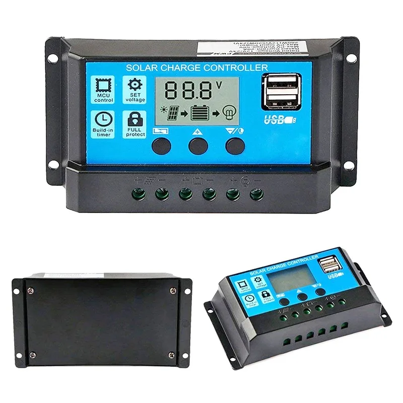 Y&H Solar Charge Controller 12V/24V PWM 10A 20A 30A Adjustable with LCD Display Timer Setting Dual USB 5V Output