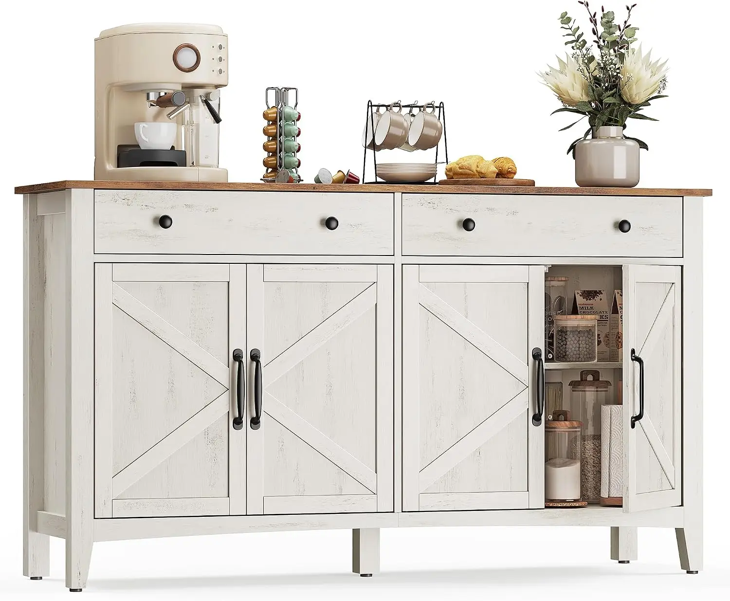 Buffet Storage Cabinet Coffee Bar Cabinet Frame With Two Drawers Adjustable Shelves Sideboard Credenza Station Table With Cable Management For Kitchen Living Room Rustic White Honey