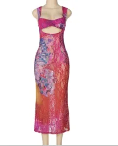 Elegante renda colorida impressão cortar maxi vestido sem mangas sem costas bodycon vestido longo senhora festa à noite clube vestido de luxo