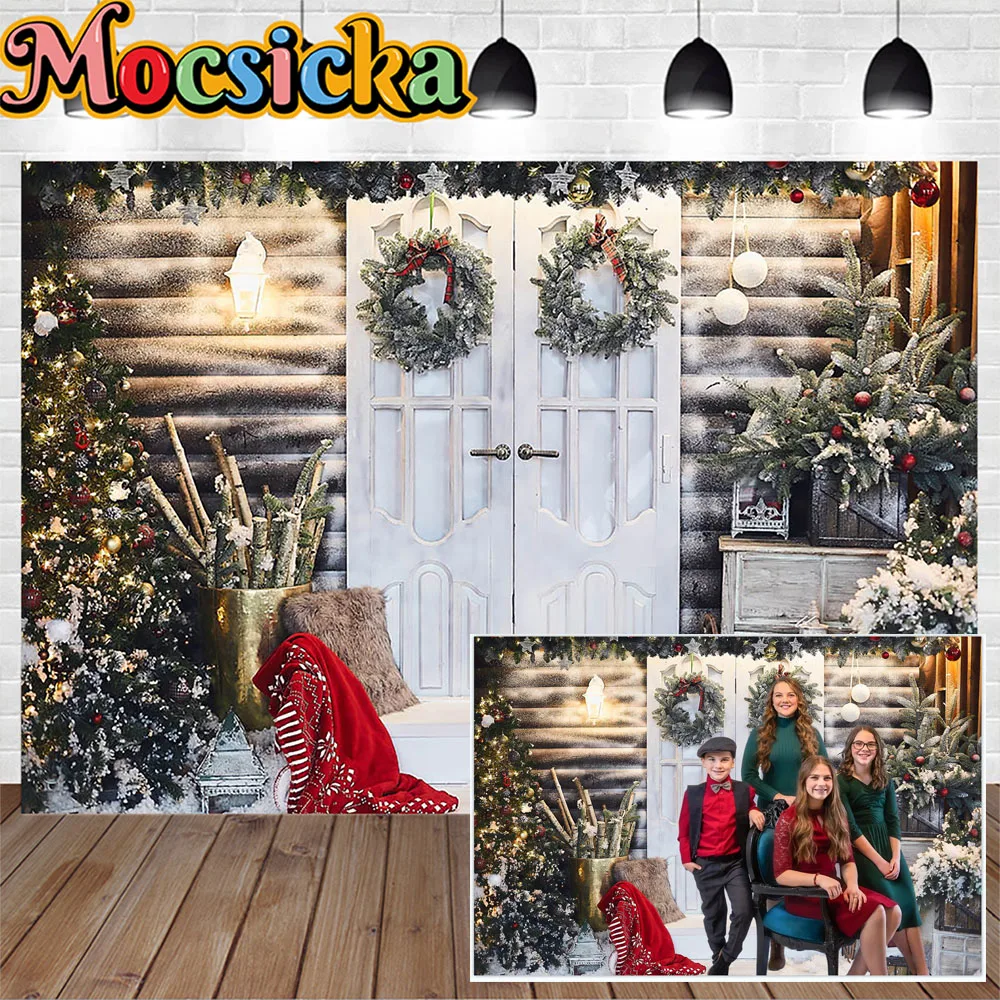 

Winter Christmas White Wooden Door Photography Backdrop Studio Xmas Tree Snowflake Lights Background Family Kids Portrait Booth