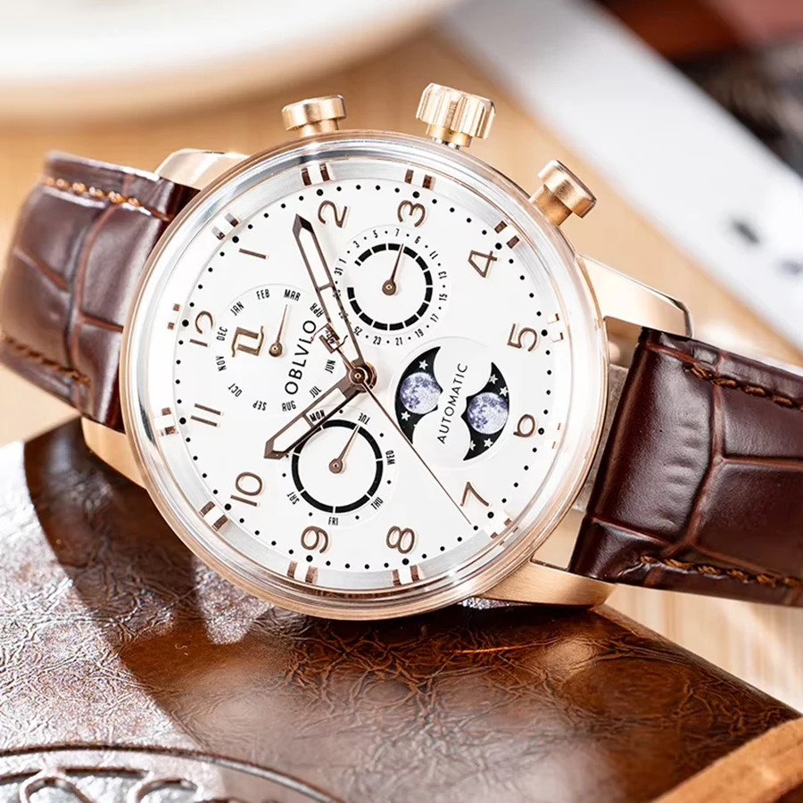 OBLVLO Men's Classic Multifunction Automatic Mechanical Watch – Moon Phase, Luminous, Water-Resistant, Leather Strap Dress Watch