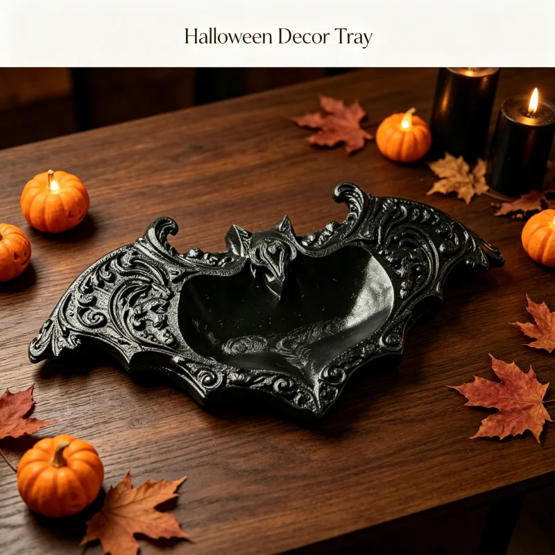 Black Embossed Bat Decorative Tray, Halloween Party Candy Tray + Dual-Purpose Jewelry Storage, Vintage Gothic Room Tabletop Ornament