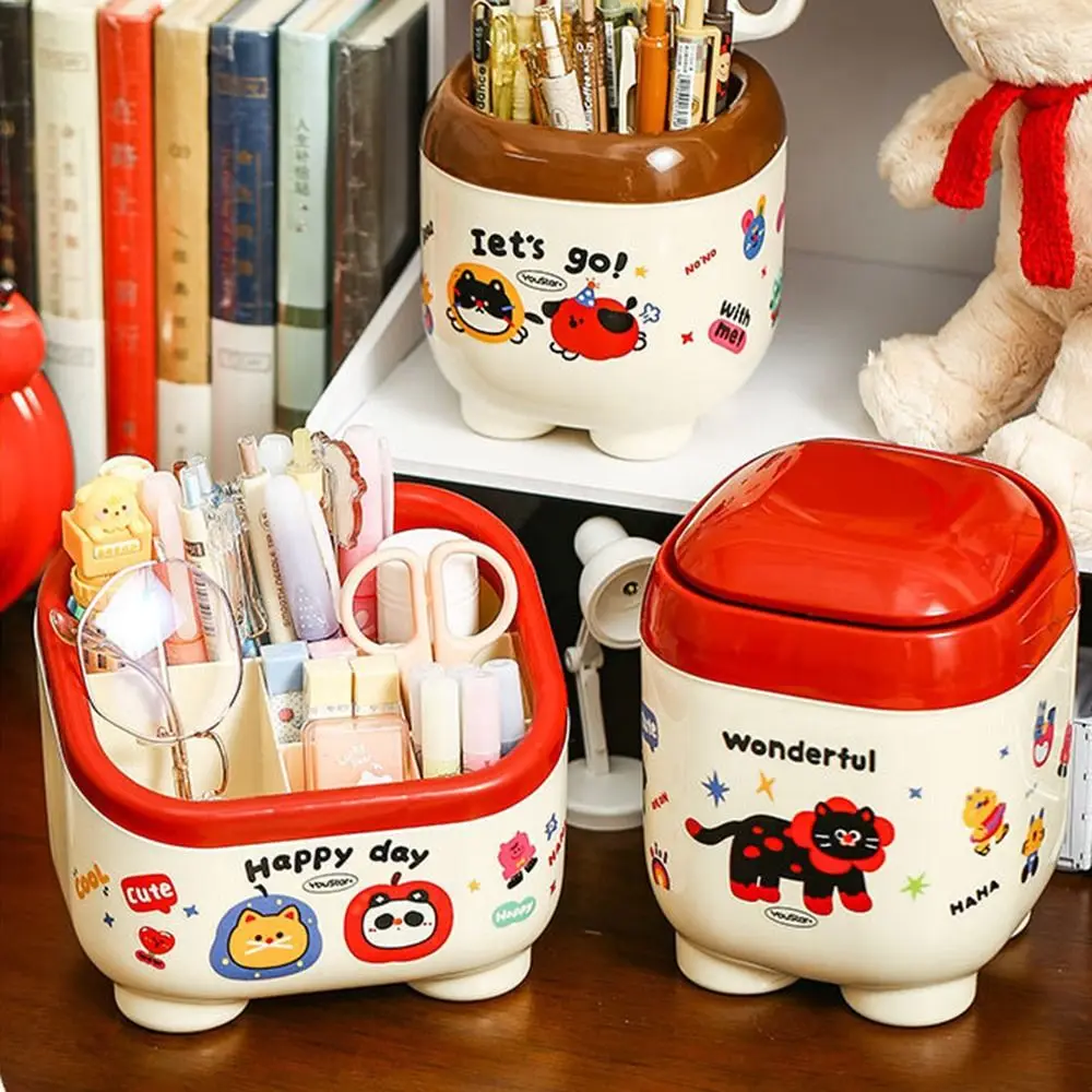 Cartoon Desktop Pen Holder Large Capacity with Random Stickers Pencil Organizer Non-slip Stable Base Stationery Storage Box