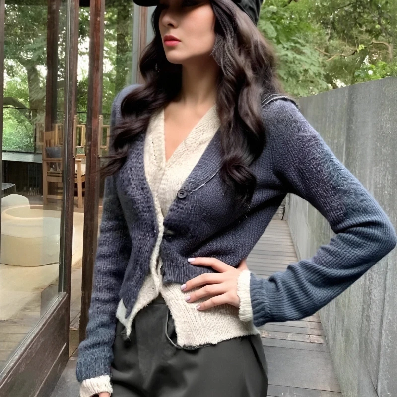 

Новый осенне-зимний женский искусственный двухсекционный кардиган с длинными рукавами, свитер, модный однобортный облегающий трикотаж, топ