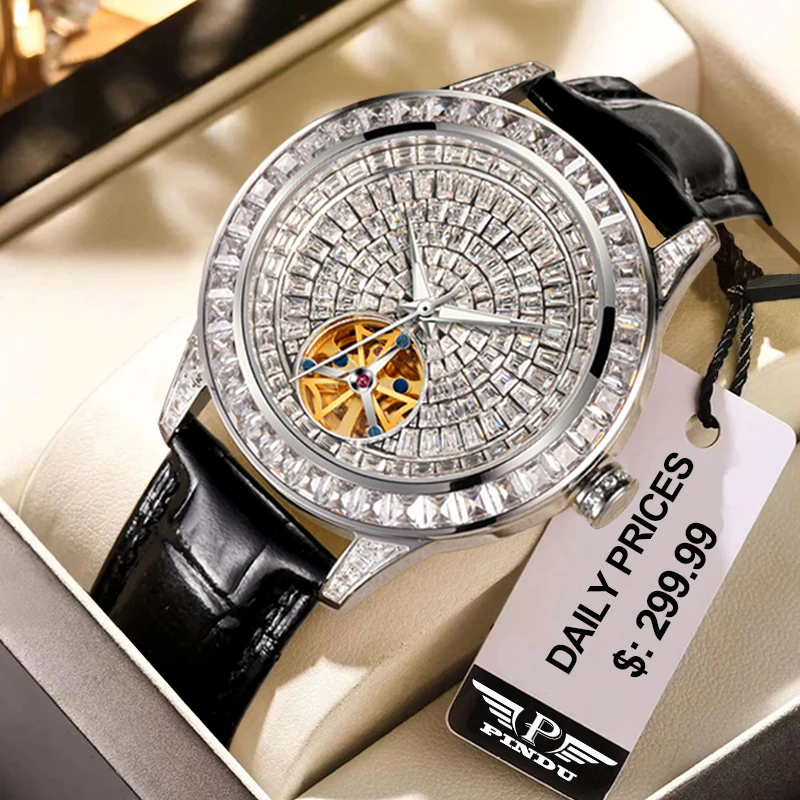 2025 PINDU Design NEW Tourbillon Mechanical Watch Men Diamond Dial Night Light Waterproof TOP-Luxury Automatic Mechanical Watch