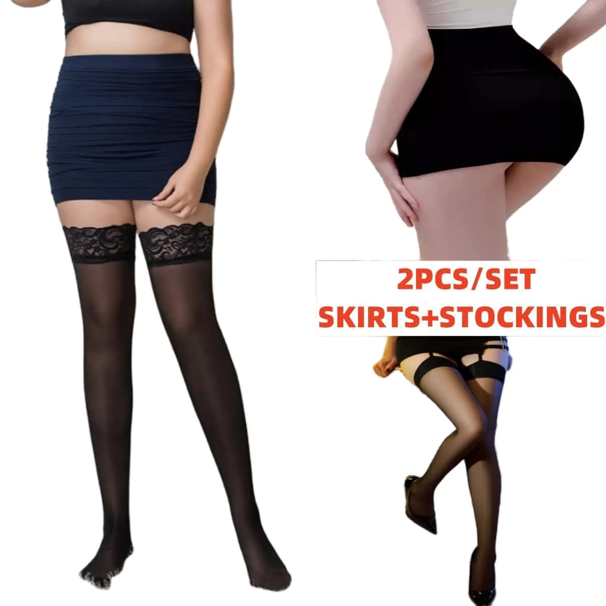FREEAUCE 2PCS/Set Women High Waist Pencil Casual Mini Skirts+Stockings Sexy Wrap Hips Black Short Skirt and Pantyhose SET Dress