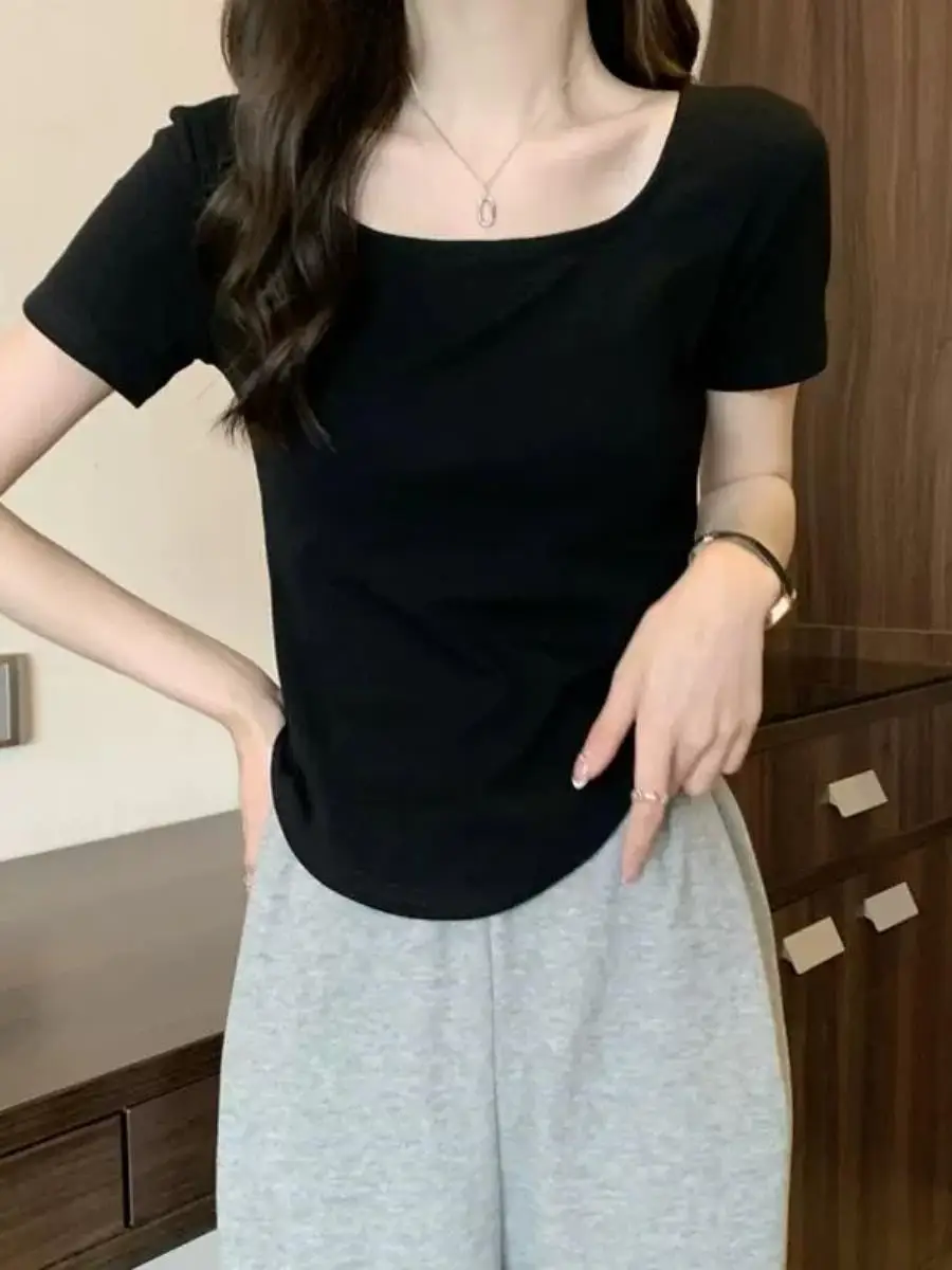 Cotton Short Sleeve U-Neck T-Shirt Women's Summer Slim Fit Base Shirt Cover Belly Daily Wear Universal Type Short Sleeve T-Shirt
