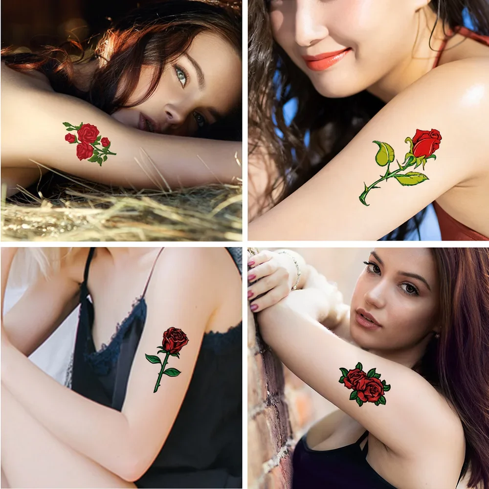 8 قطعة/المجموعة الأحمر روز الوشم المؤقت للنساء الفتيات وهمية لصاقات وشم الذراع الكاحل الجسم الفن Tatouage Temporaire فام مقاوم للماء