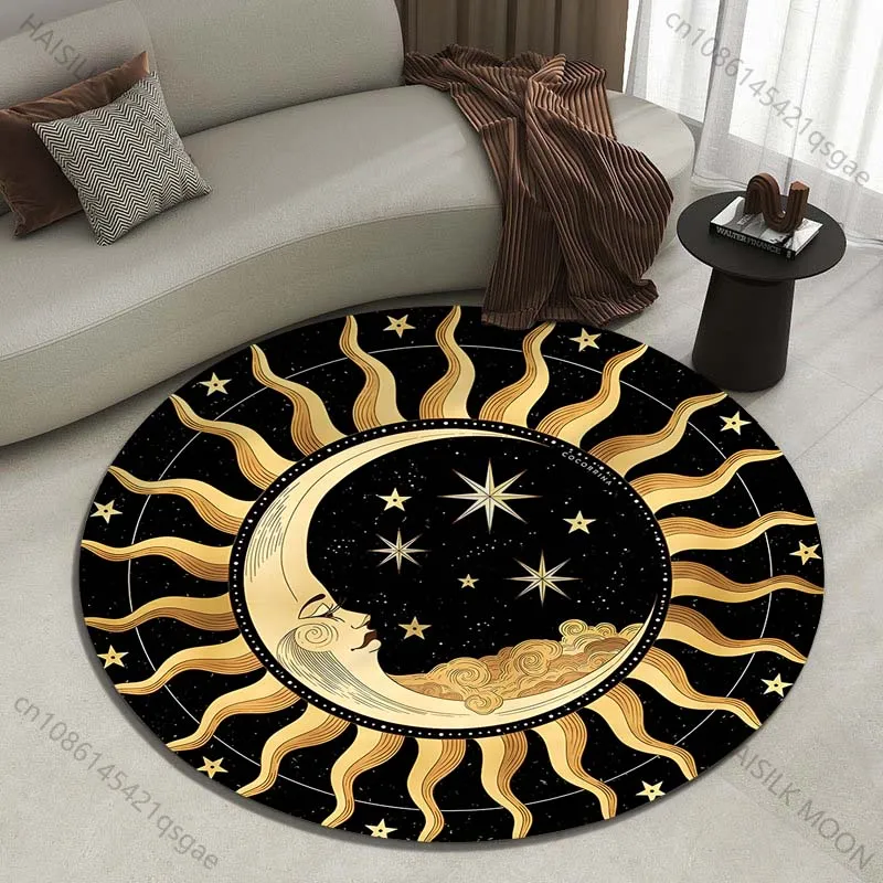 

Круглый ковер с ретро-принтом мандалы с изображением солнца и луны, несколько размеров, для гостиной, спальни, под стол, стул, диван, декоративный ковер