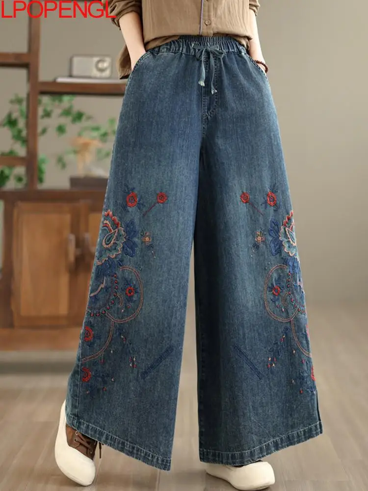 

Модные женские винтажные джинсы свободного кроя с вышивкой в этническом стиле, прямые широкие брюки на шнурке, весна 2026