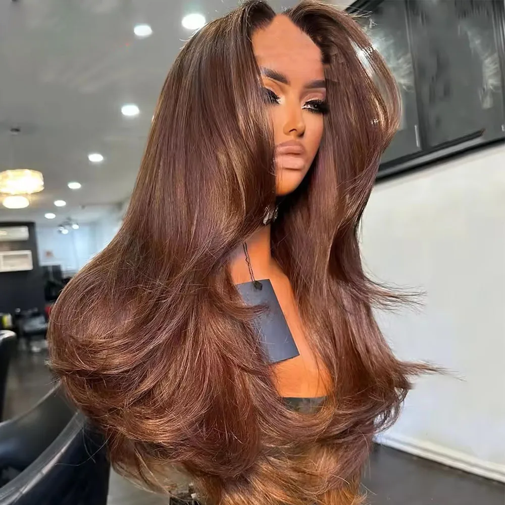 Reddish Chocolate Brown Layered Cut 100% Remy Human Hair V part Wig For Women Butterfly Haircut Glueless Blonde U Shape Wig 250%
