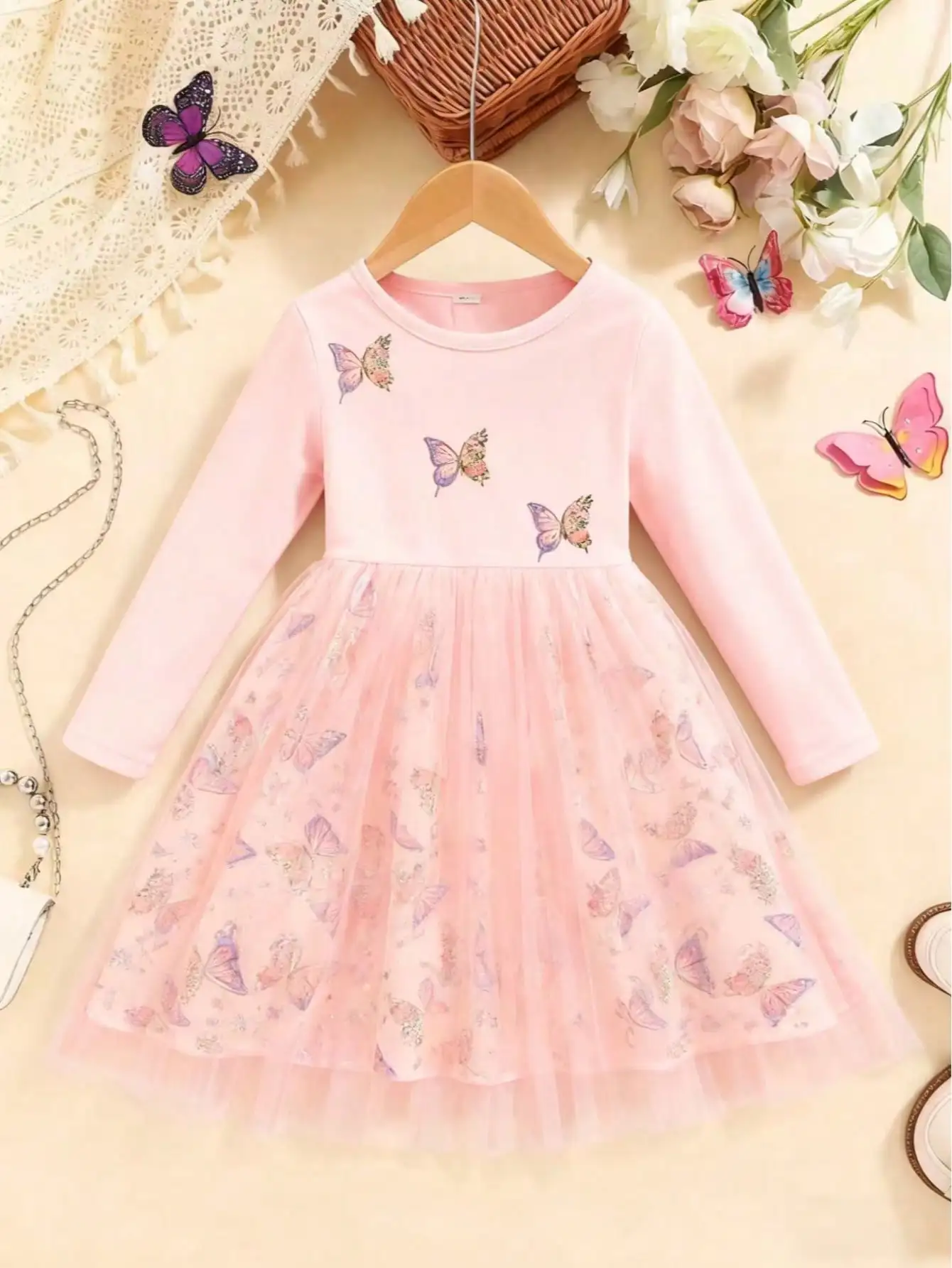 2026 Frühling/Sommer Herbst Eleganter Rundhals-Langarm-Mesh-Kleid mit Schmetterlingsdruck und Trompetenrock, Geeignet für Tägliche Reisen – Detail 7