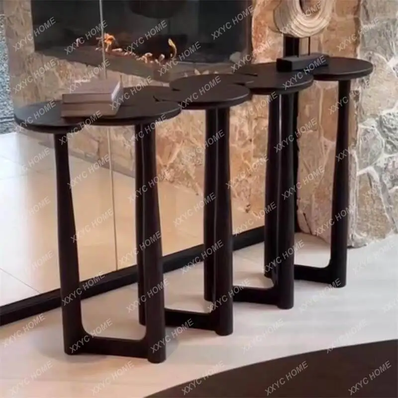 Medieval style entrance hall solid wood strip case against the wall black entrance table creative sofa back decorative cabinet