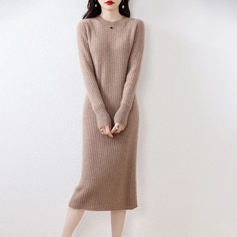 2023 Winter Cashmere Dresses Hot Sale 100% Pure Wool Knitted O-neck Sweater Women Long Sleeve Standard Knitwear