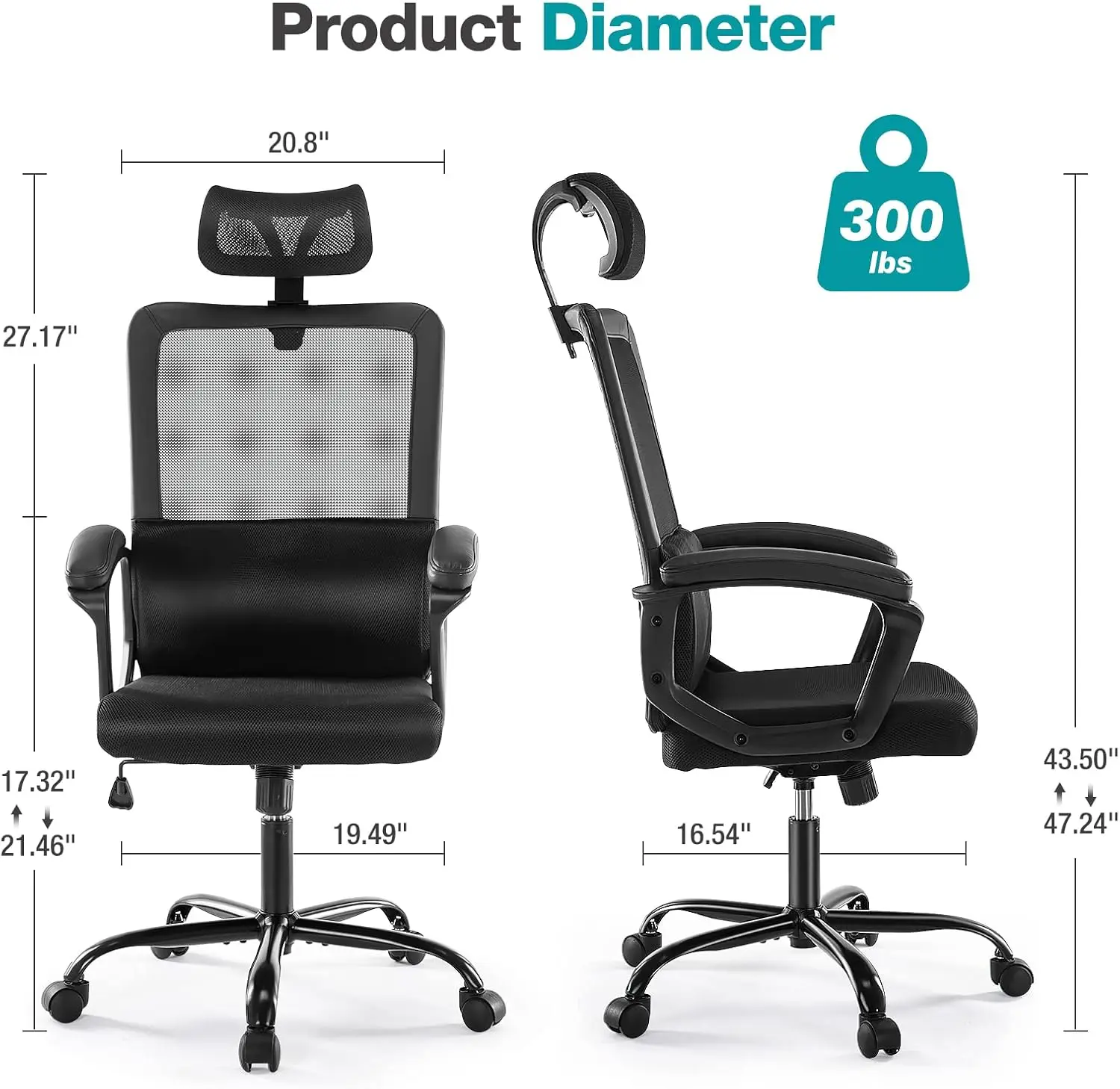 Home Office Ergonomic Computer Desk Mesh High Ba Adjustable Height Executive Task Chair With Lumbar Support, Headrest, Padded