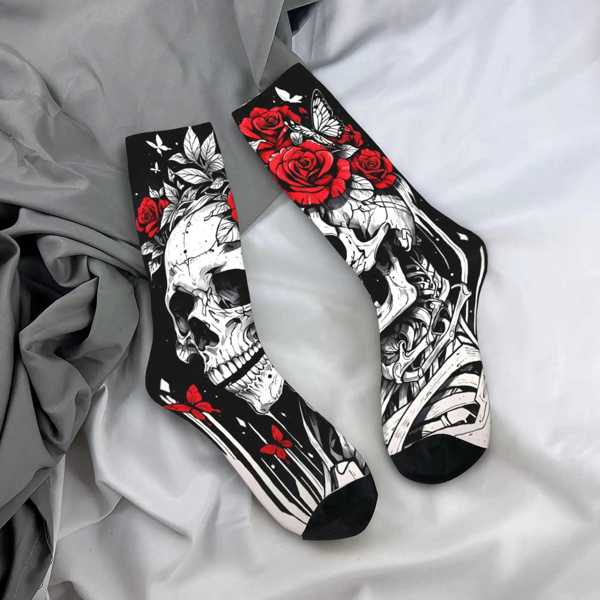 

Носки с сахарным черепом и пламенем и цветочным принтом, дизайнерские чулки, нескользящие мужские носки унисекс, мягкие осенние модные велосипедные носки