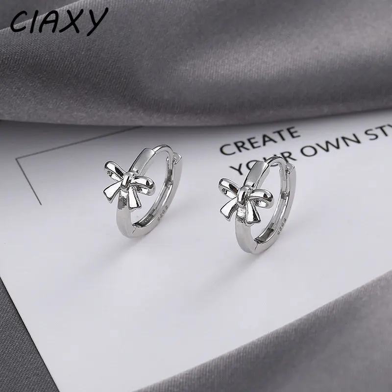 CIAXY Silver Color Bow Ear Buckle Earrings for Women Girl Temperament Simple Hoop Earring Korean Fashion Jewelry