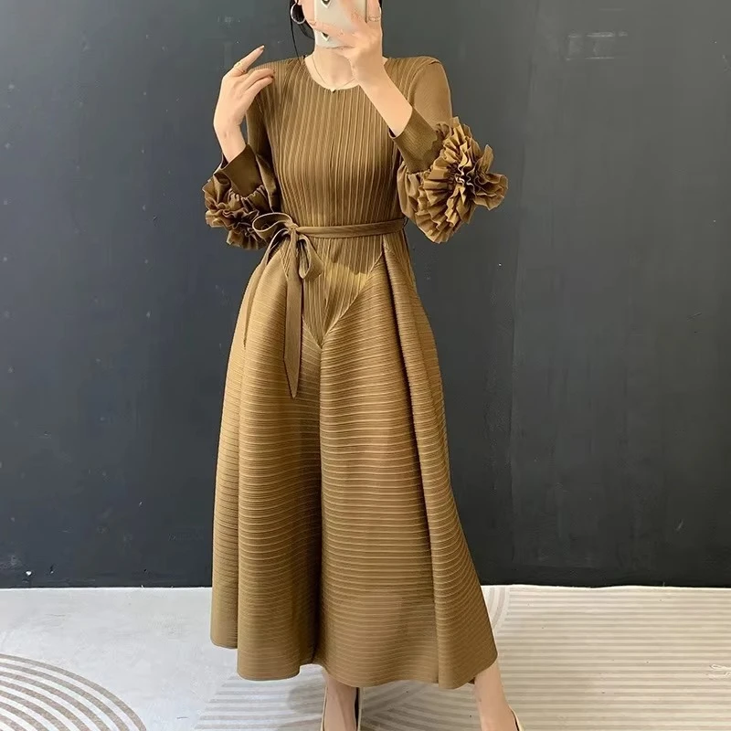 ANLAN Tie Flower Lantern Sleeve Pleated Women's Dress 2026 Summer New Lace Up Waist Design Round Collar Elastic Cloth 3AN1017