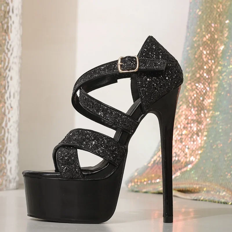 

Aneikeh 2026 New 16cm Extreme High Heel Platform Sandals Women Black Glitter Open Toe Stiletto Pole Dance Shoes