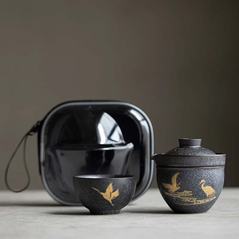 Crane Teapot and Tea Cup Set Kit Household  Making Travel Set Outdoor Portable Bag Chinese Set Supplies 1 Bowl 2 Cup