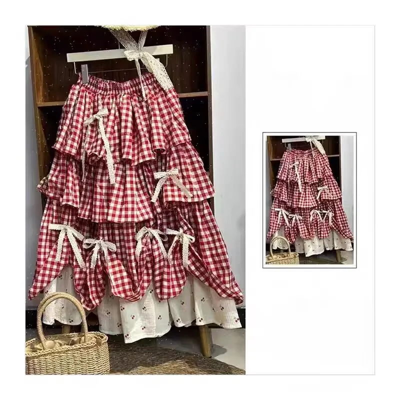 Korean Sweet Fit Chic Plaid Patchwork Skirt Women New Fashion Vintage Bow Print Fluffy Skirts Harajuku Y2k Lovely Clothes Spring