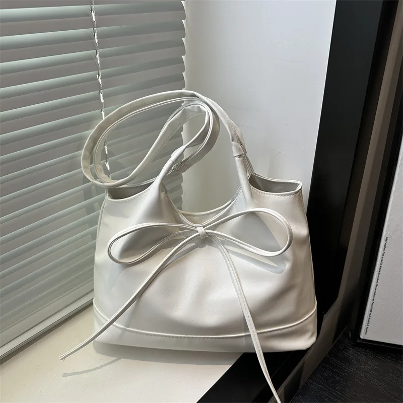 

Sweet Bow Women Commuter Shoulder Bags Candy Color Large Capacity Ladies Handbags Simple Pu Leather Female Bucket Tote Bag