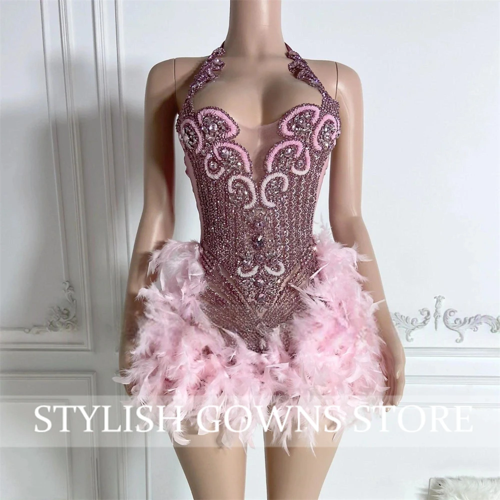 Shining Red Crystal Short Prom Dress For Black Girl Homecoming Senior Cocktail Dress Birthday Party Gown 2025 Feathers Customiz image 4
